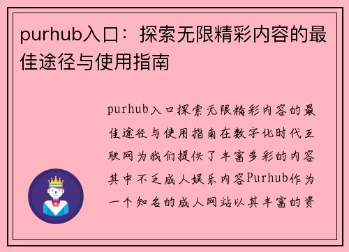 purhub入口：探索无限精彩内容的最佳途径与使用指南